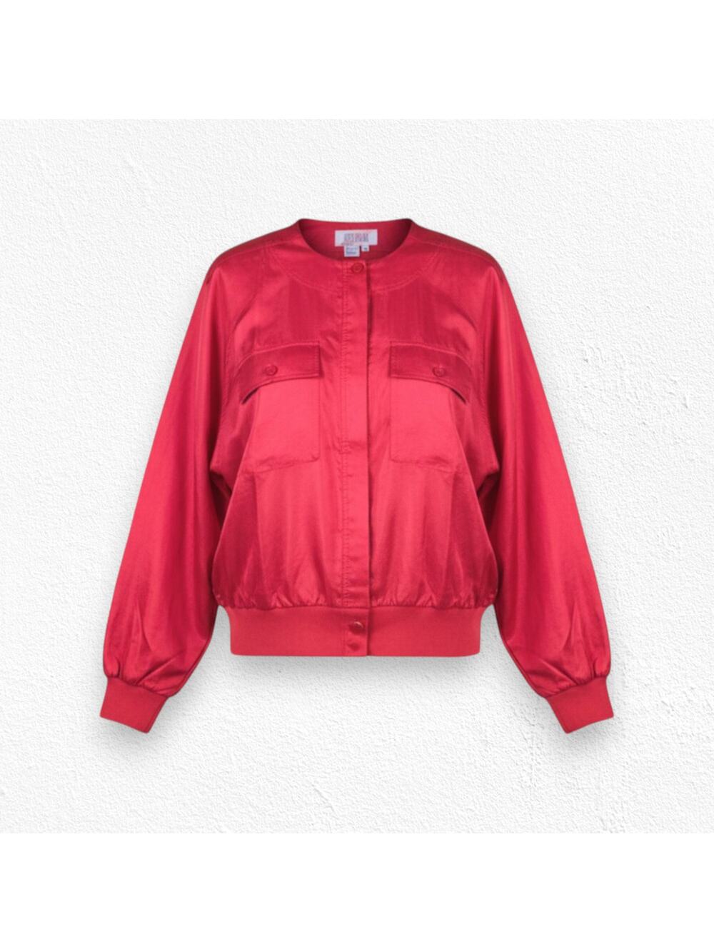 80s Vintage Bright Cherry Red Hidden Button Crewneck Bomber Jacket Size 2X